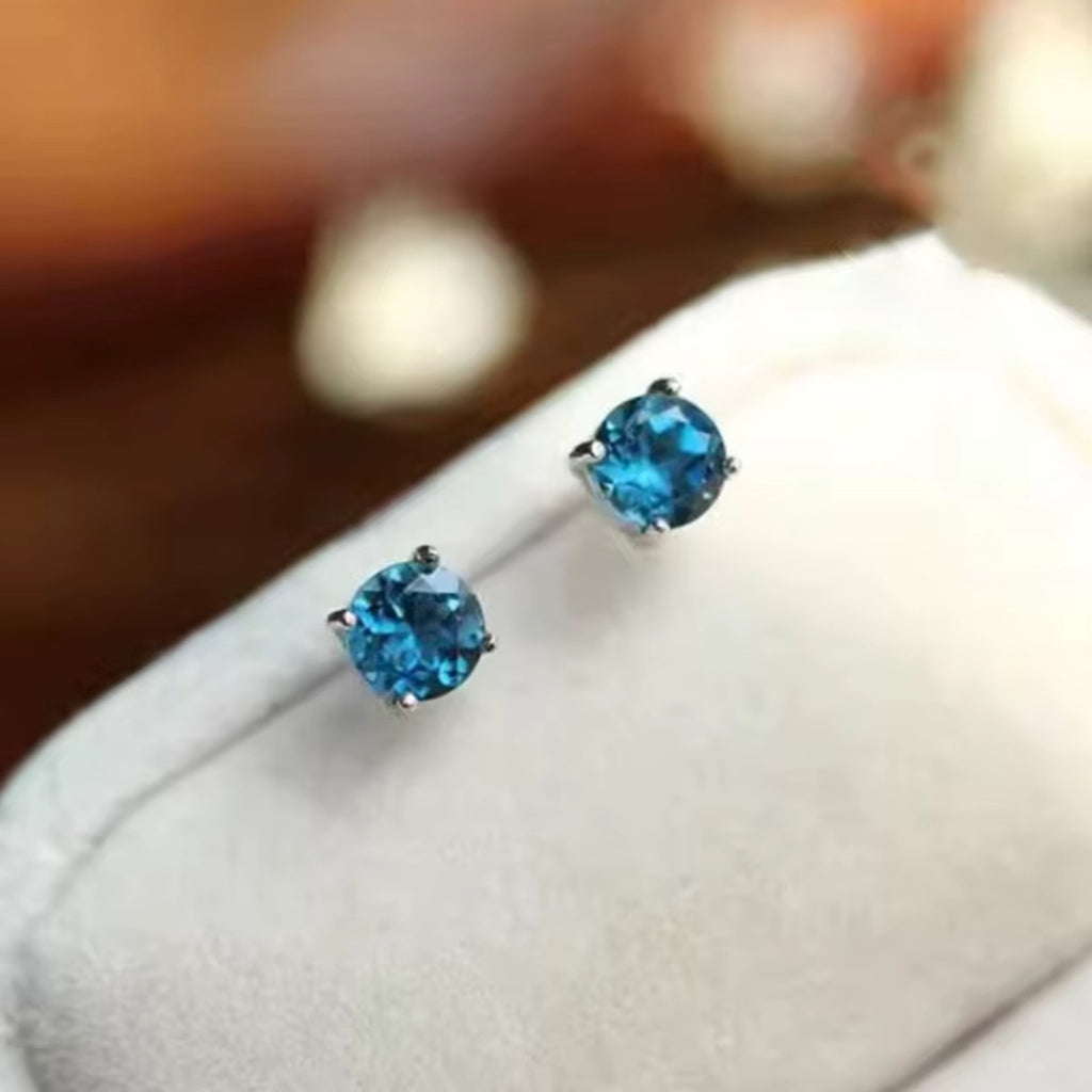 London Blue Topaz Stud Earrings Round 5mm VVS Grade 925 Sterling Silver