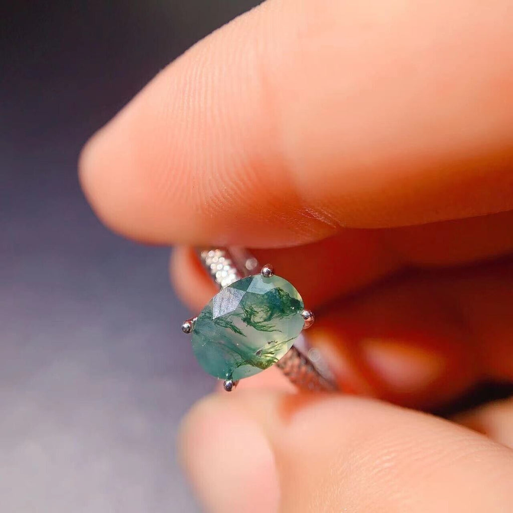 Moss Agate Cocktail Ring 6x8mm 925 Sterling Silver