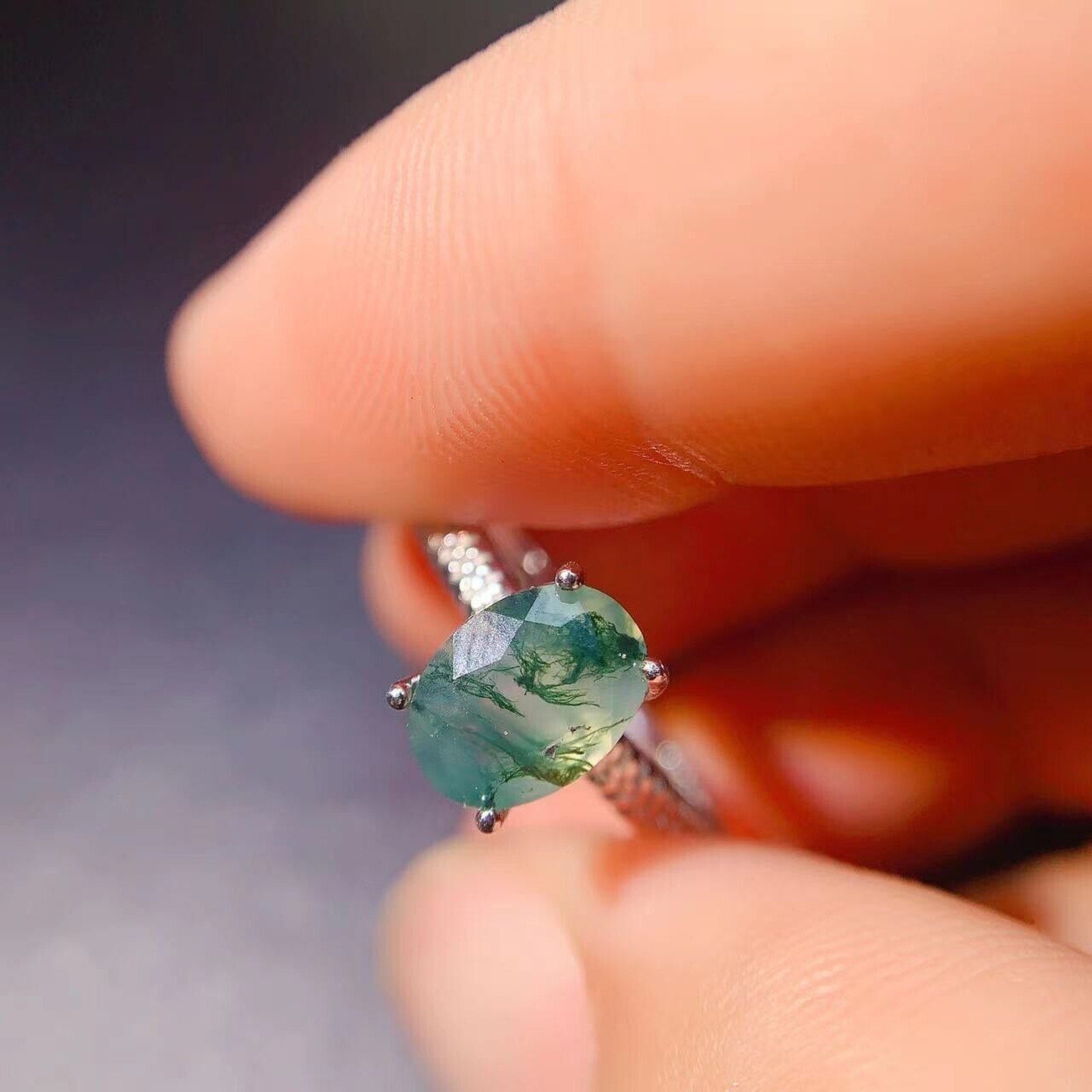 Moss Agate Cocktail Ring 6x8mm 925 Sterling Silver