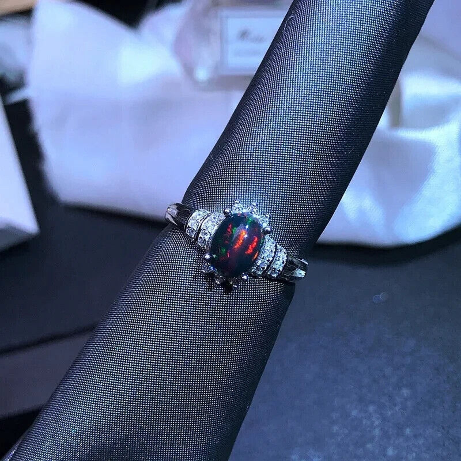 Colorful Dainty Black Fire Opal Ring, Multicolor Fire Opal Ring Sterling Silver