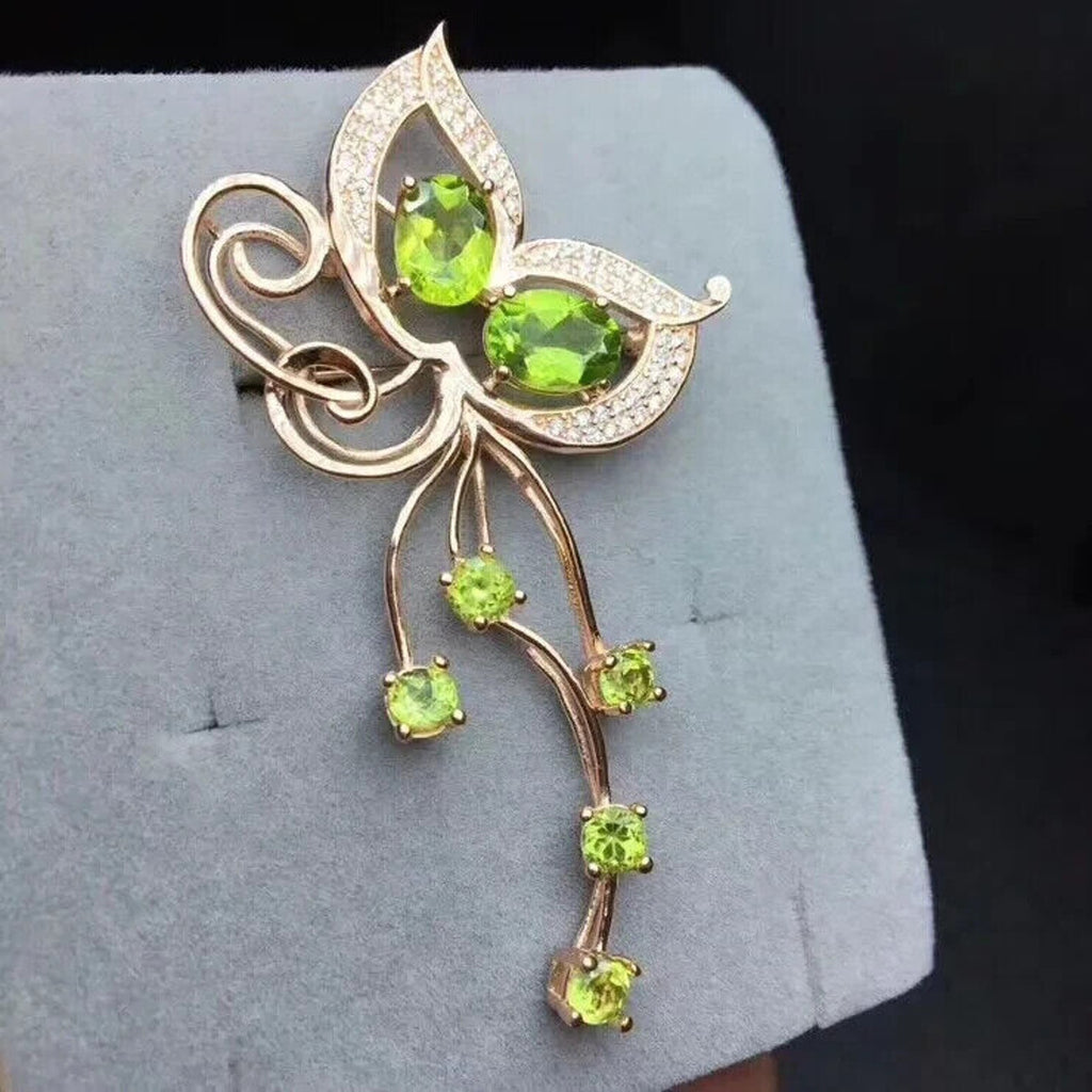 Natural Peridot Butterfly Brooch Pin 18k Rose Gold Plated, Peridot Brooch Pin