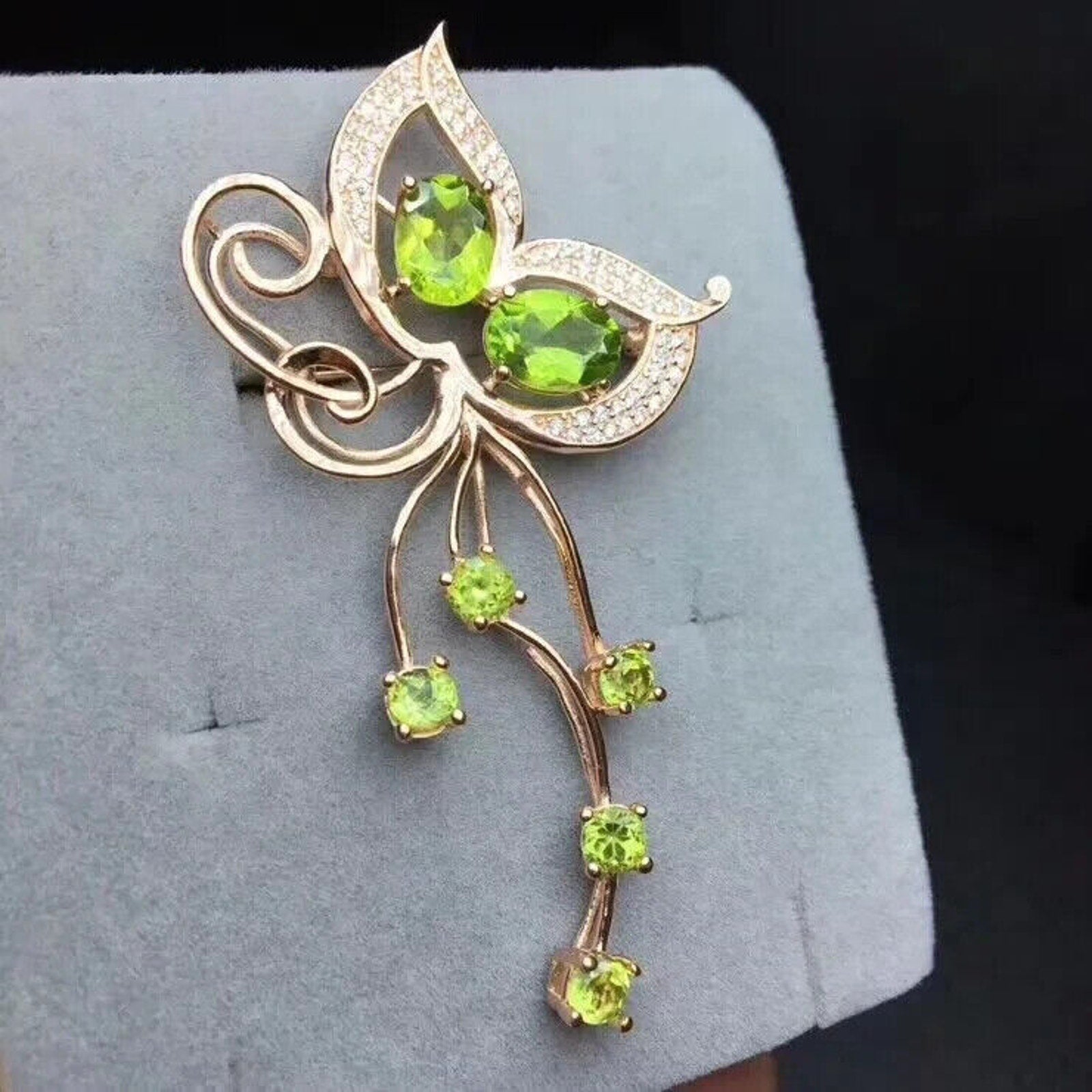 Natural Peridot Butterfly Brooch Pin 18k Rose Gold Plated, Peridot Brooch Pin