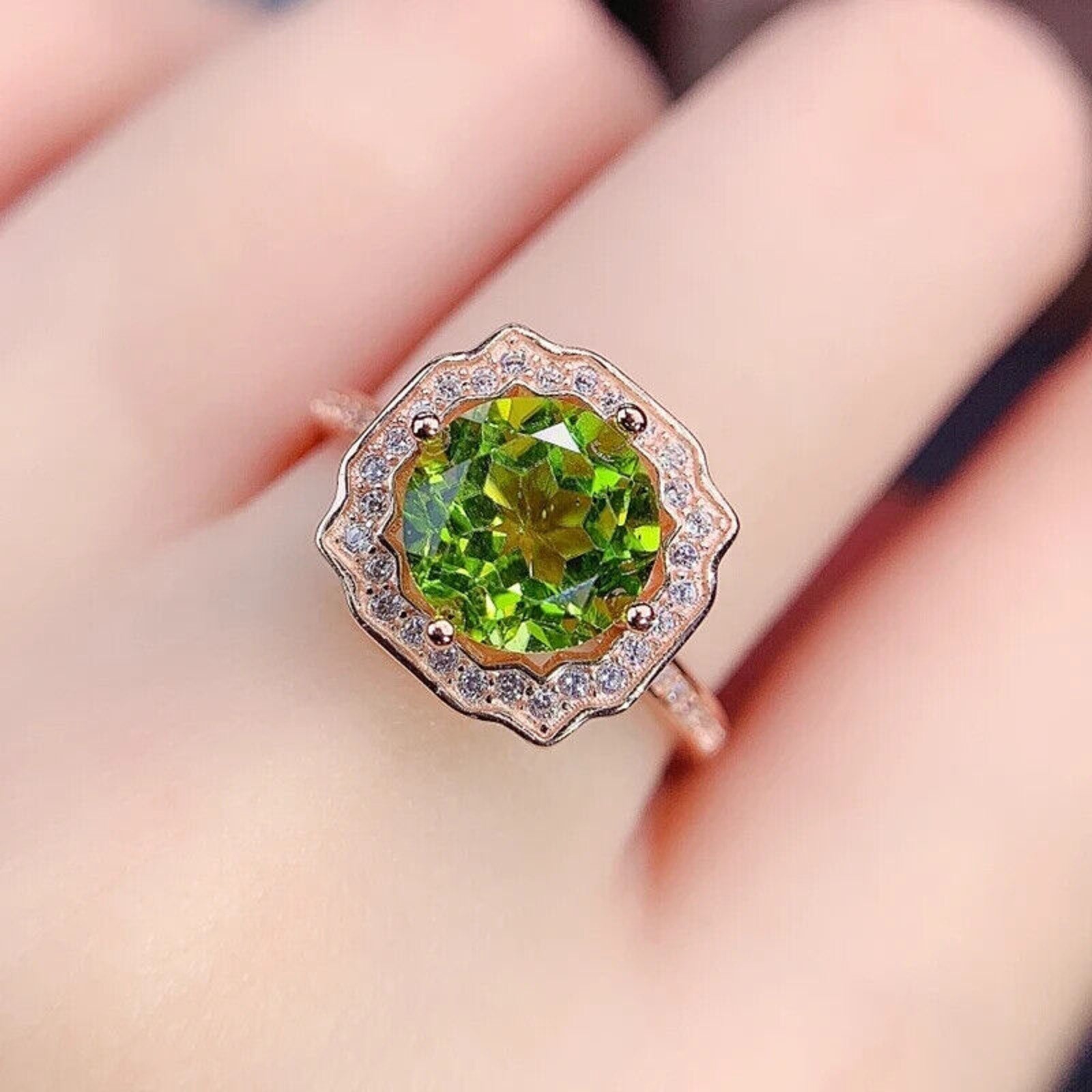 Natural Peridot Gemstone Ring 9mm 3.5CT, August Birthstone Peridot Ring Sterling