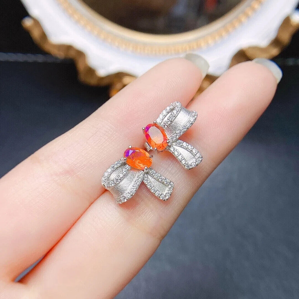 Orange Fire Opal Bow Tie Earrings, Natural Orange Opal Stud Earrings 4x6mm
