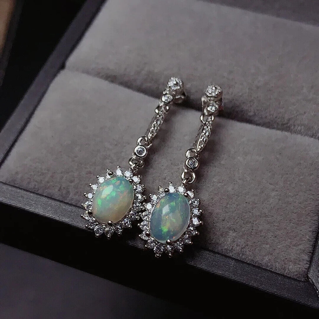 White Fire Opal Dangle Earrings, Fire Opal Drop Earrings, Natural Opal Earrings