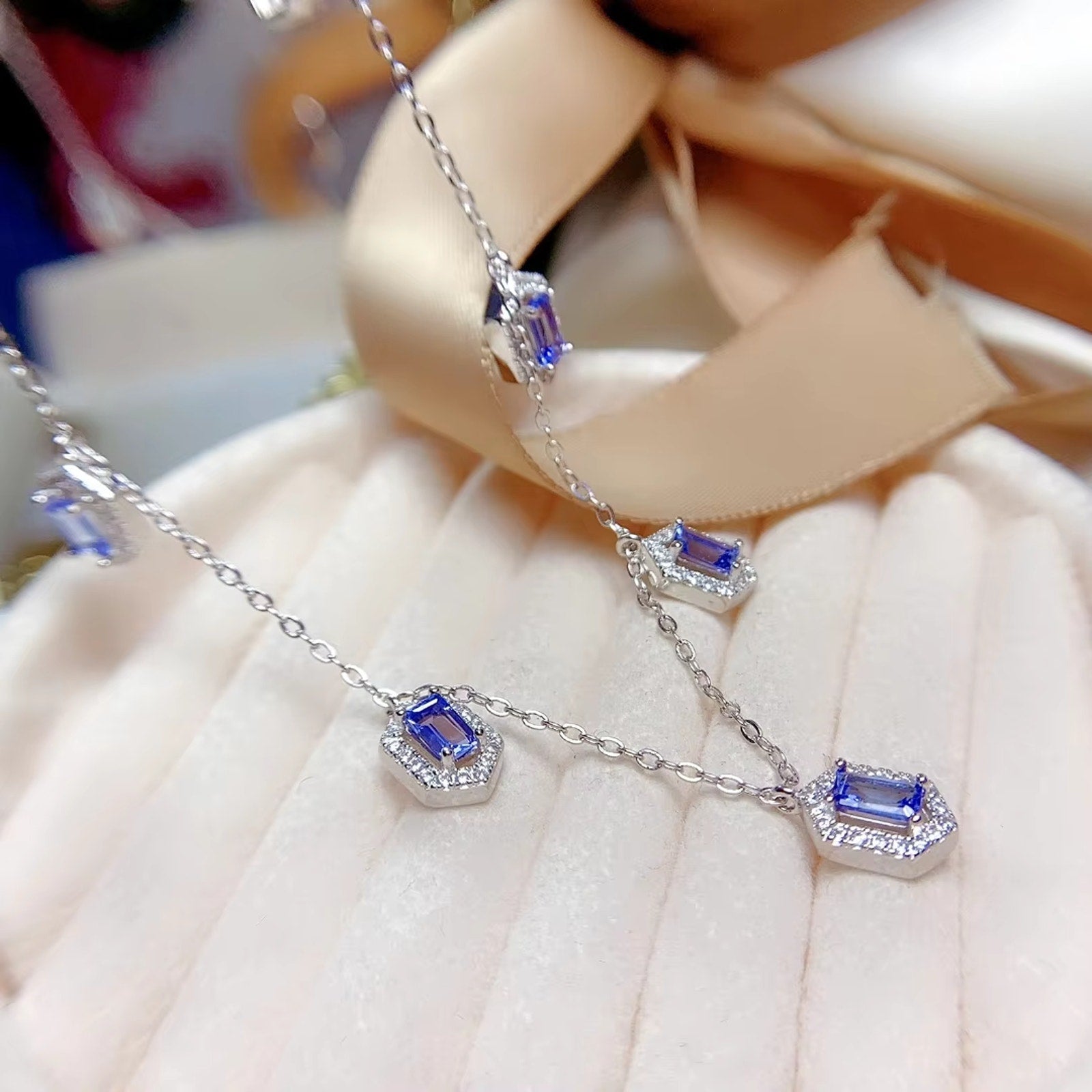 Natural Tanzanite Charm Necklace, Emerald Cut Tanzanite Necklace Sterling Silver