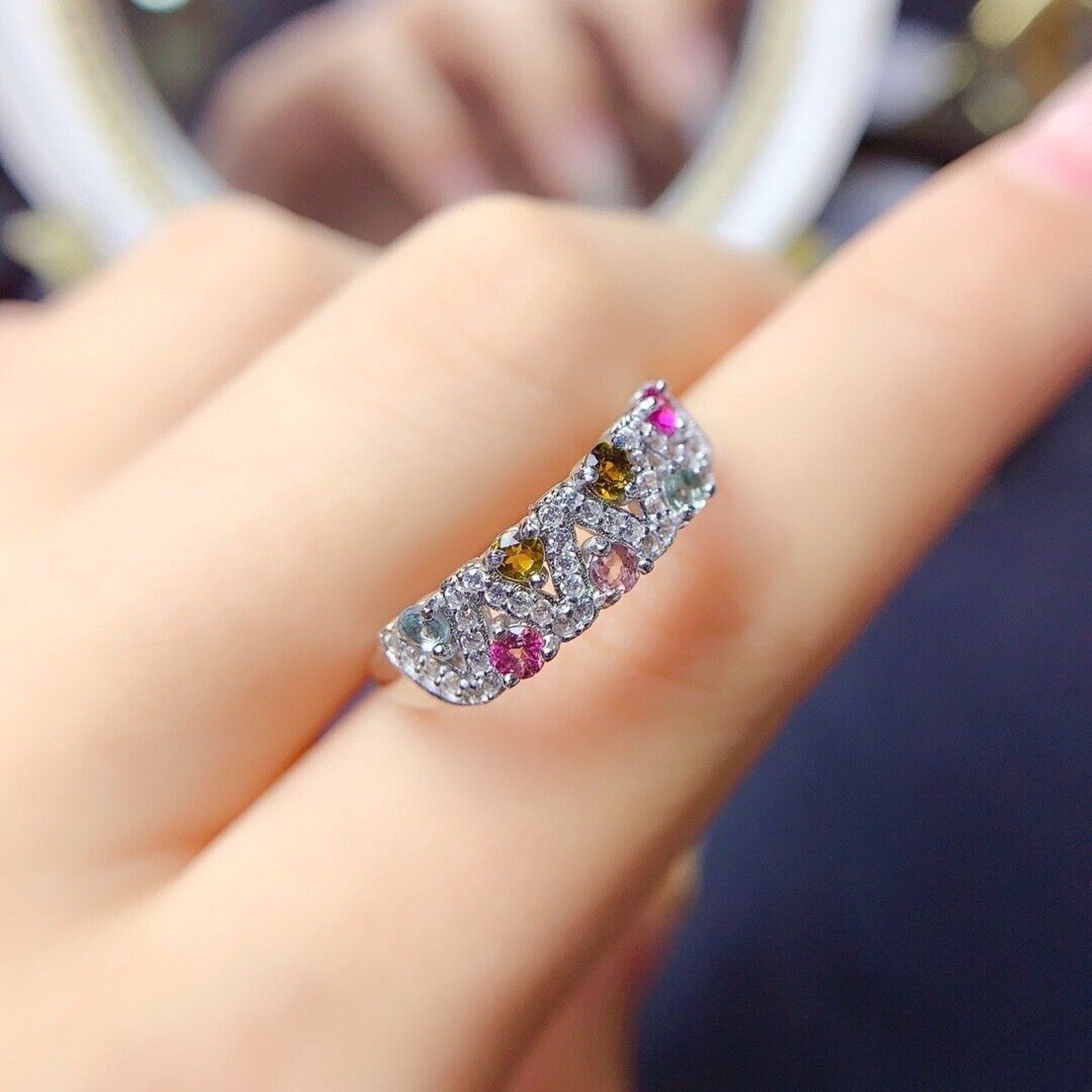 Natural Tourmaline Gemstone Band Ring, Women's Multicolor Tourmaline Ring