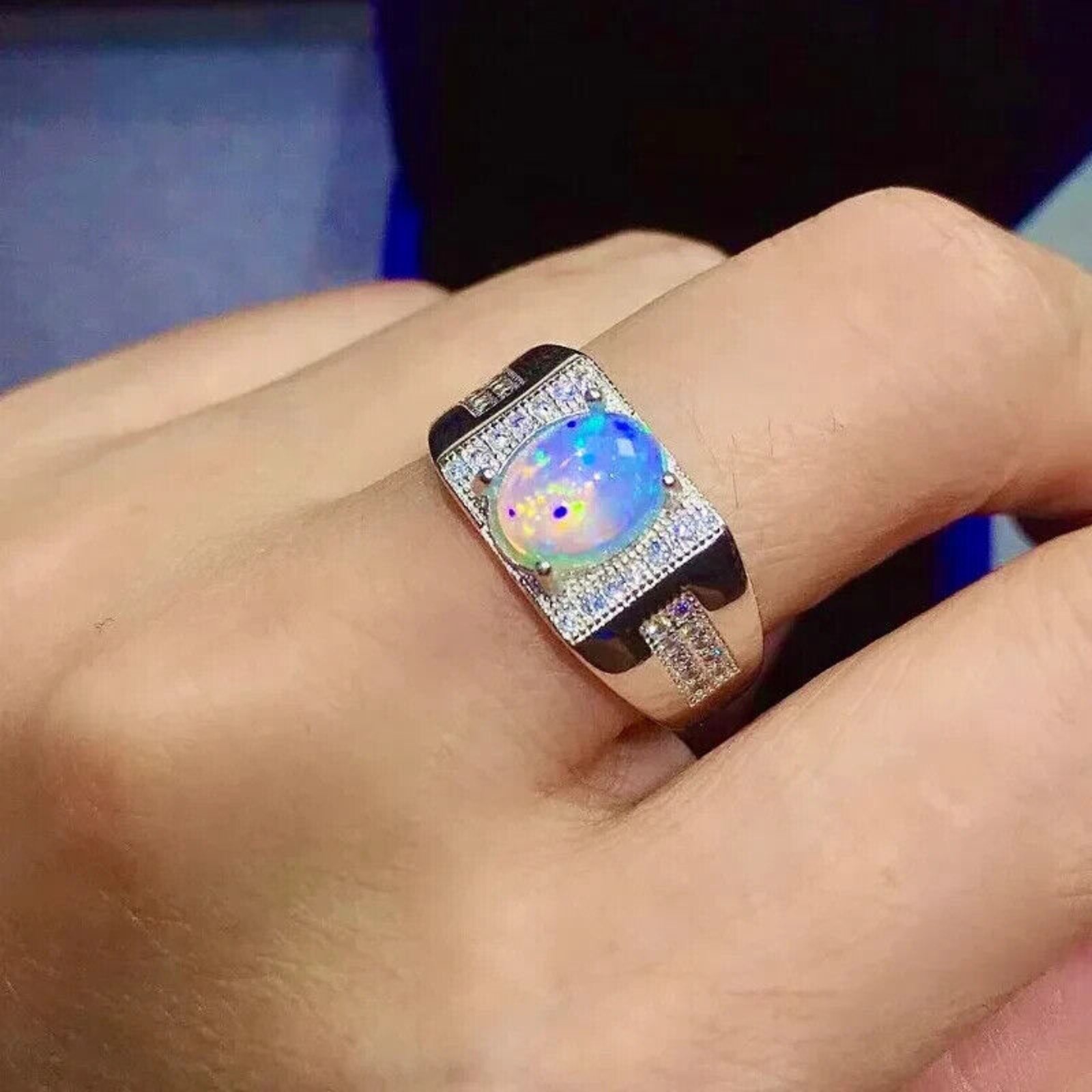 Men's White Fire Opal Cocktail Ring 8x10mm, Men's Natural Opal Ring