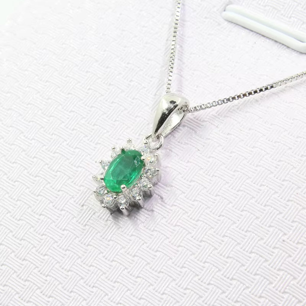Natural Emerald Pendant Necklace, Genuine Emerald Necklace Sterling Silver 4x6mm