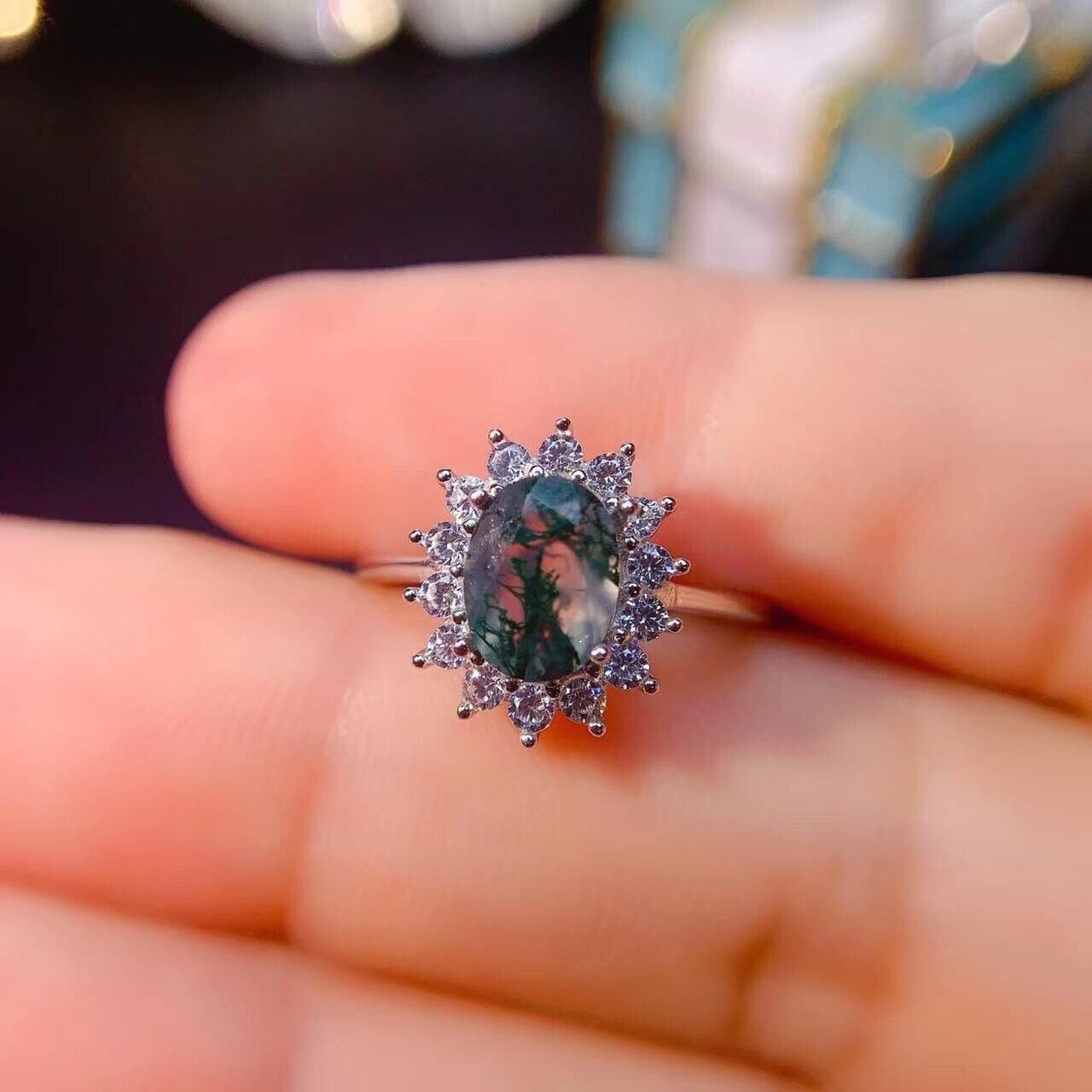 6x8mm Moss Agate Cocktail Ring 925 Sterling Silver