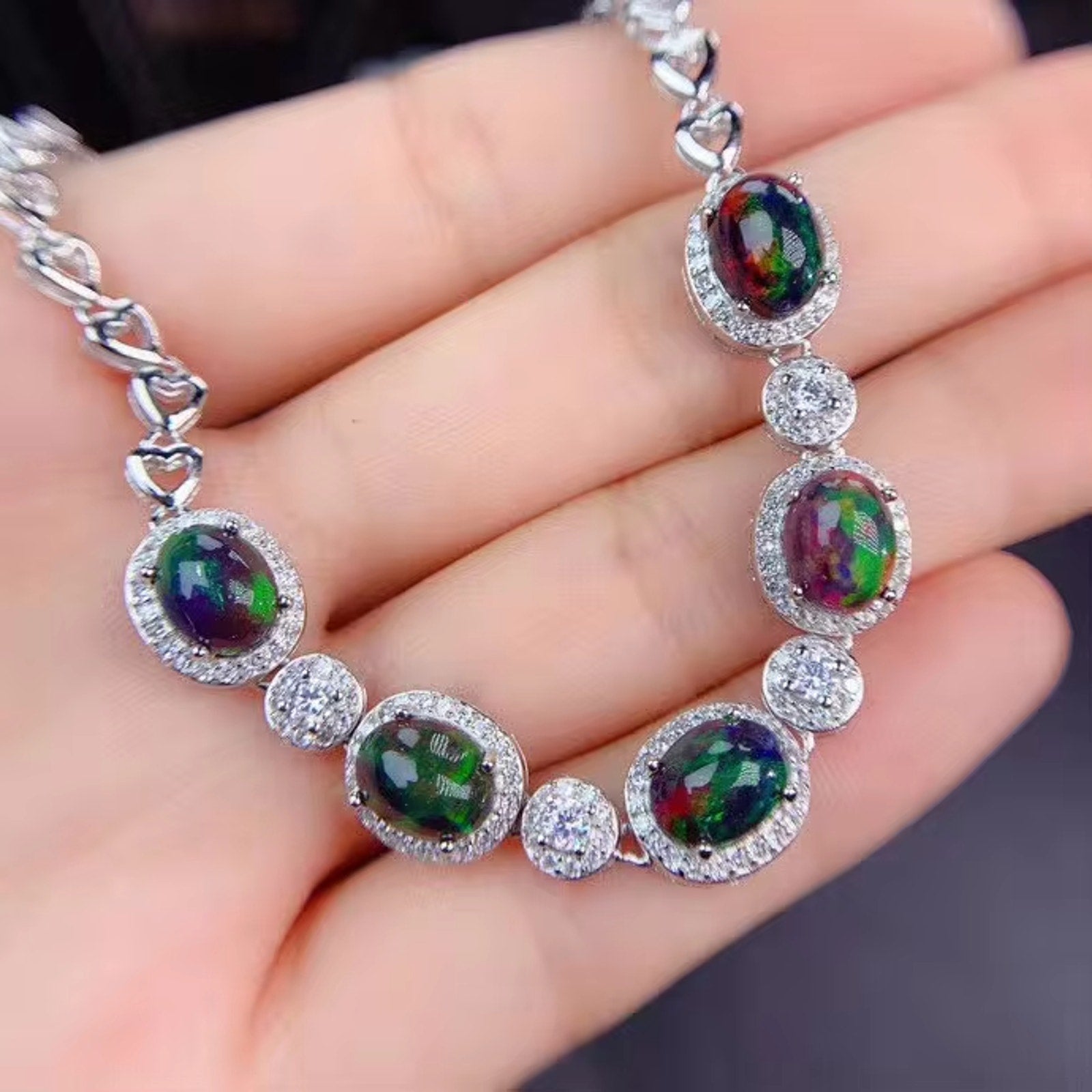Black Fire Opal Bracelet 925 Sterling Silver, Black Opal Chain Bracelet 6x8mm