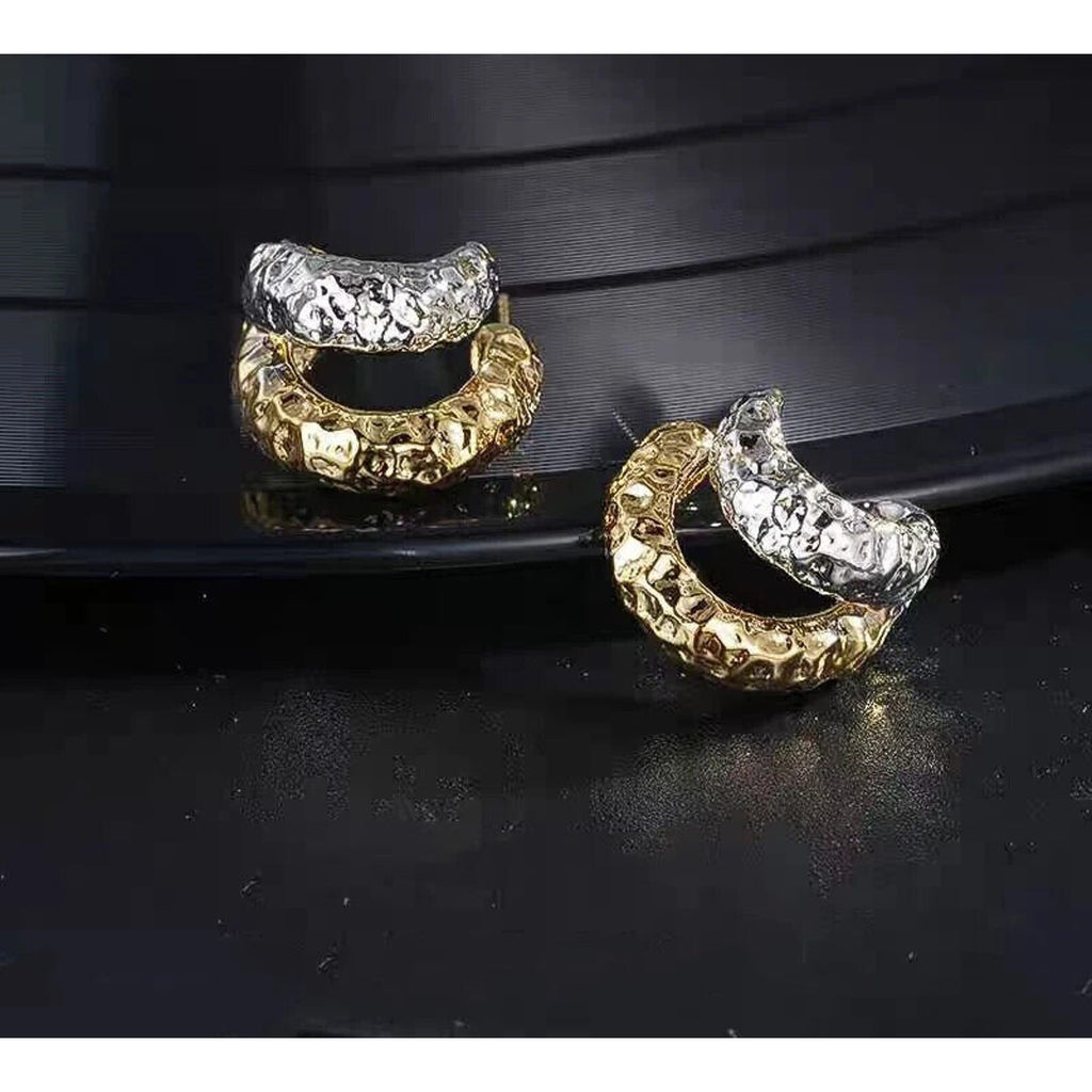 18k Yellow and White Gold Textured Cuff Earrings, Solid Gold Hoop Stud Earrings