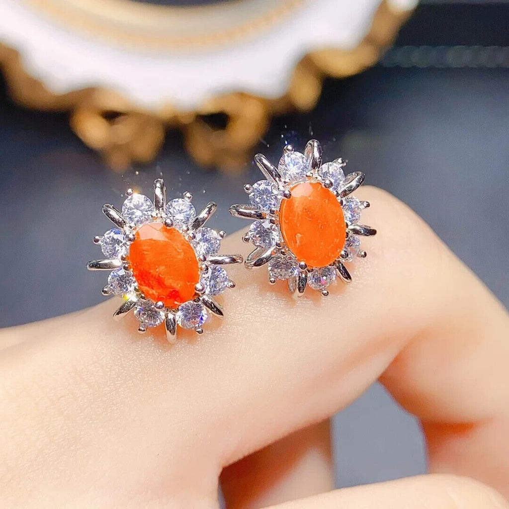 Orange Fire Opal Stud Earrings 5x7mm, Natural Orange Fire Opal Earrings