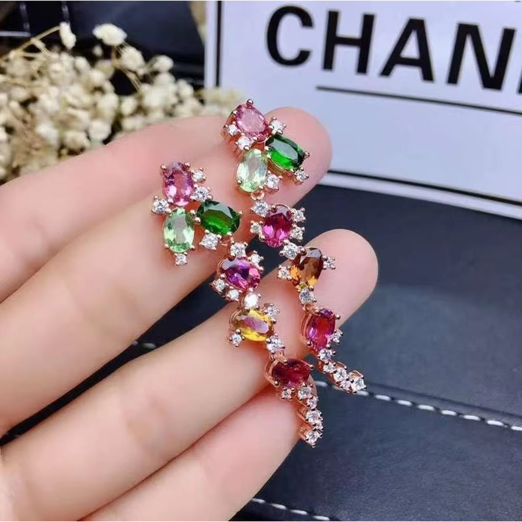 Natural Tourmaline Earrings, Multicolor Brazilian Tourmaline Gemstone Earrings