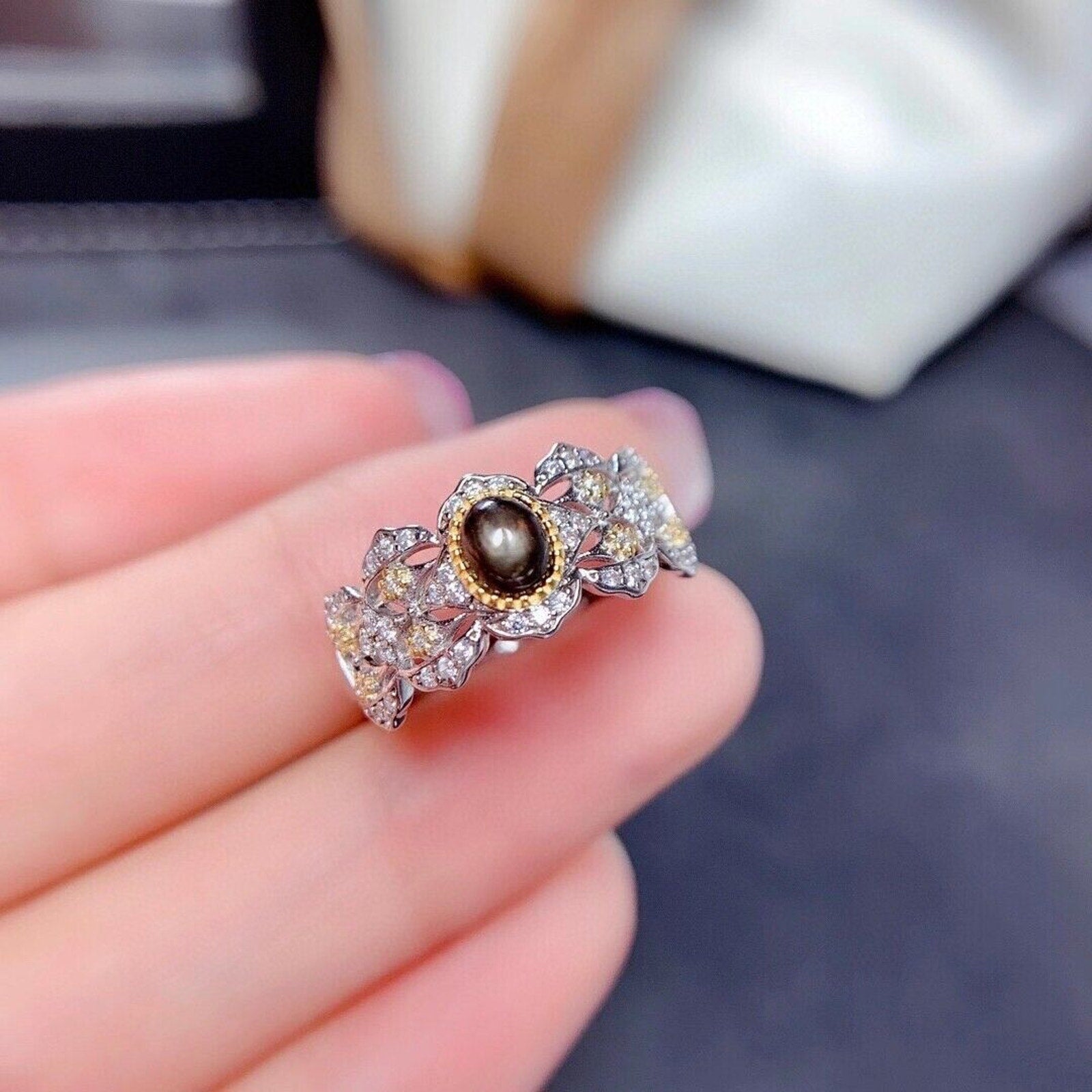 Natural Gray Star Sapphire Princess Ring, 4x5mm Star Sapphire Ring Platinum