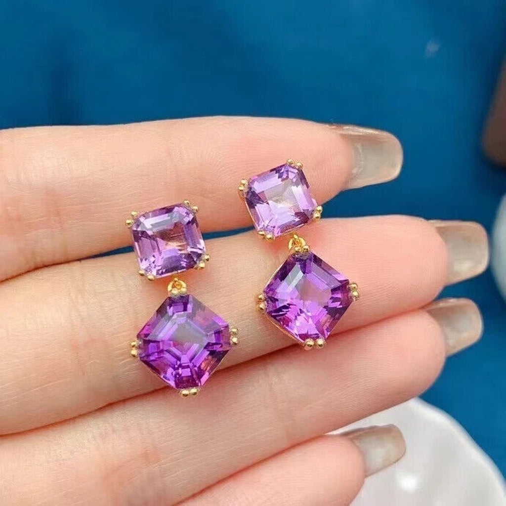 Amethyst Dangle Earrings 10mm Platinum Plated, Purple Amethyst Earrings