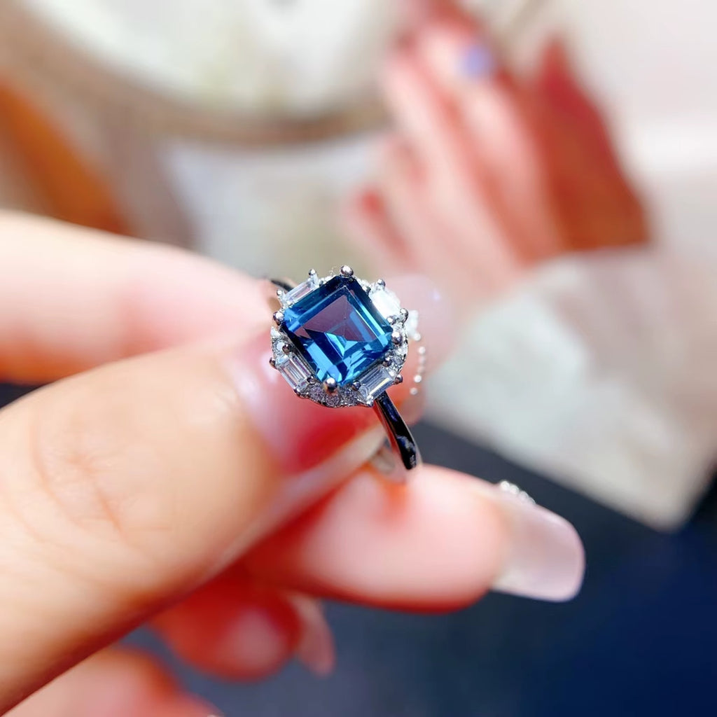 1.25Ct Asscher Cut London Blue Topaz Halo Engagement Ring 925 Sterling Silver