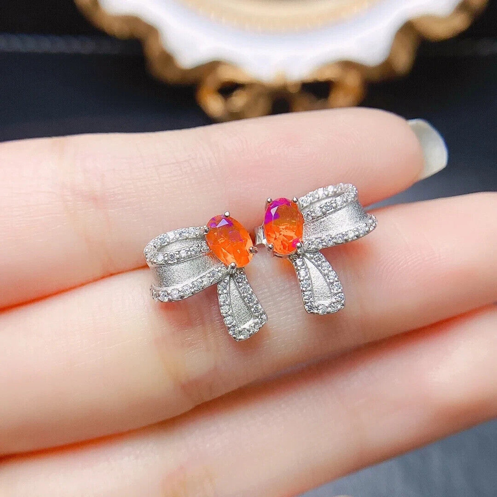 Orange Fire Opal Bow Tie Earrings, Natural Orange Opal Stud Earrings 4x6mm