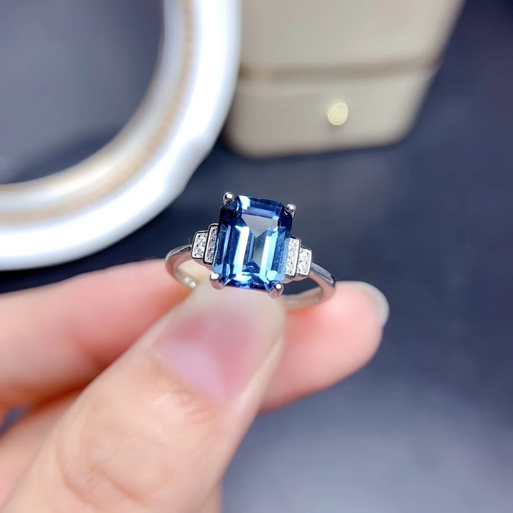 Emerald Cut London Blue Topaz Ring 925 Sterling Silver, London Blue Topaz 7x9mm