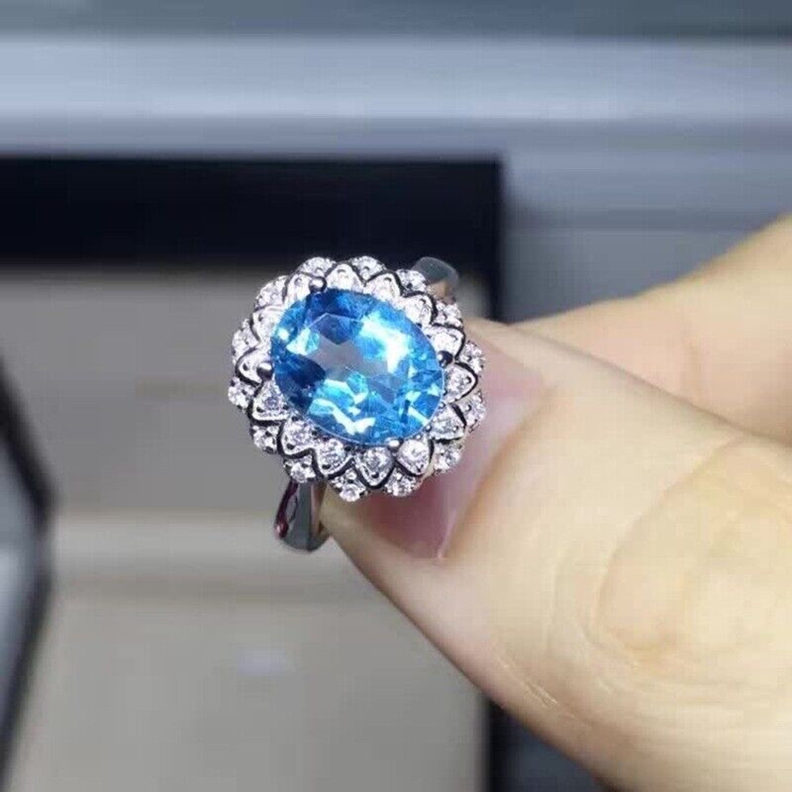 7x9mm Natural Oval Cut Blue Topaz Statement Ring, Oval Cut Blue Topaz Ring