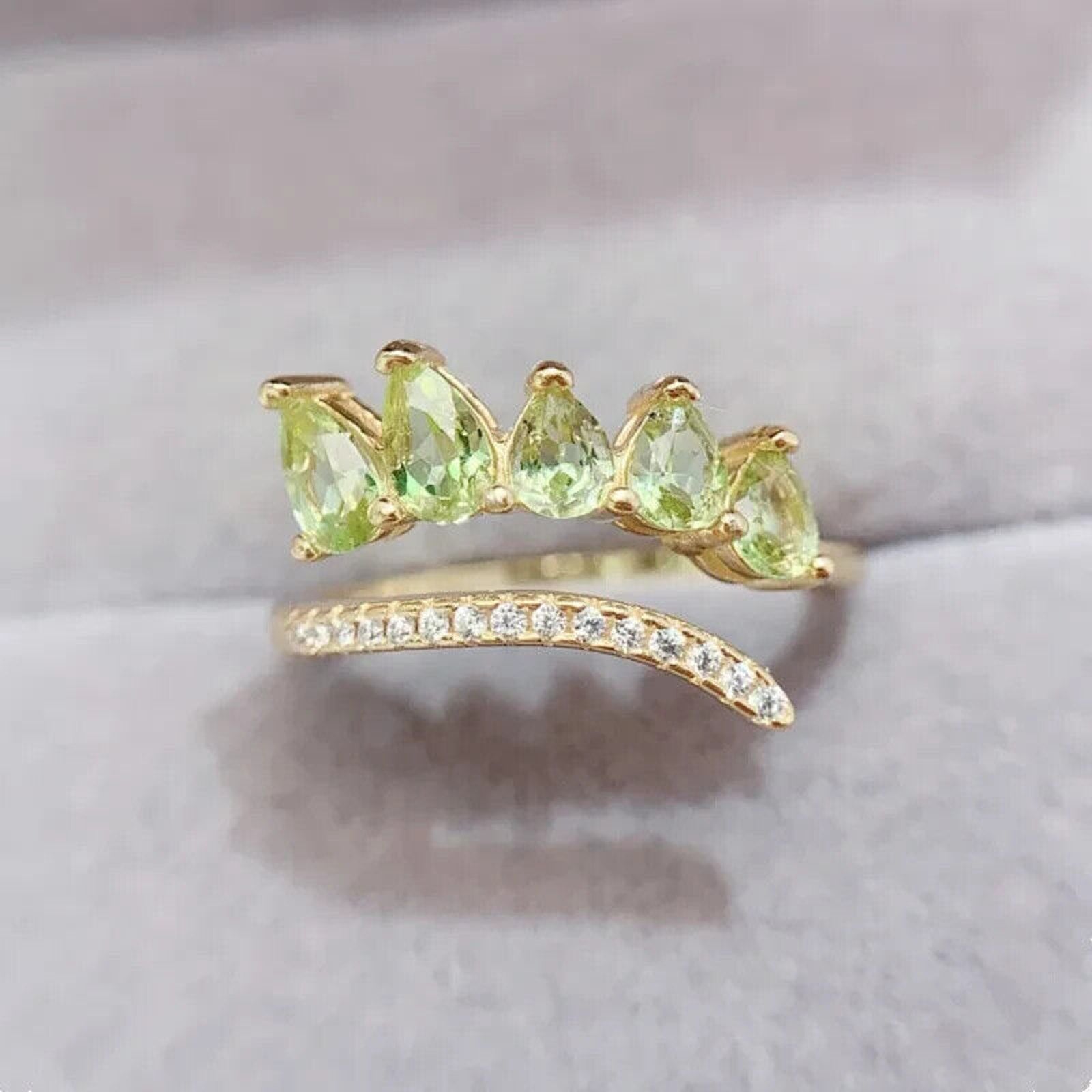 Natural Peridot Gemstone Pear Cut Band Ring, August Birthstone Peridot Ring