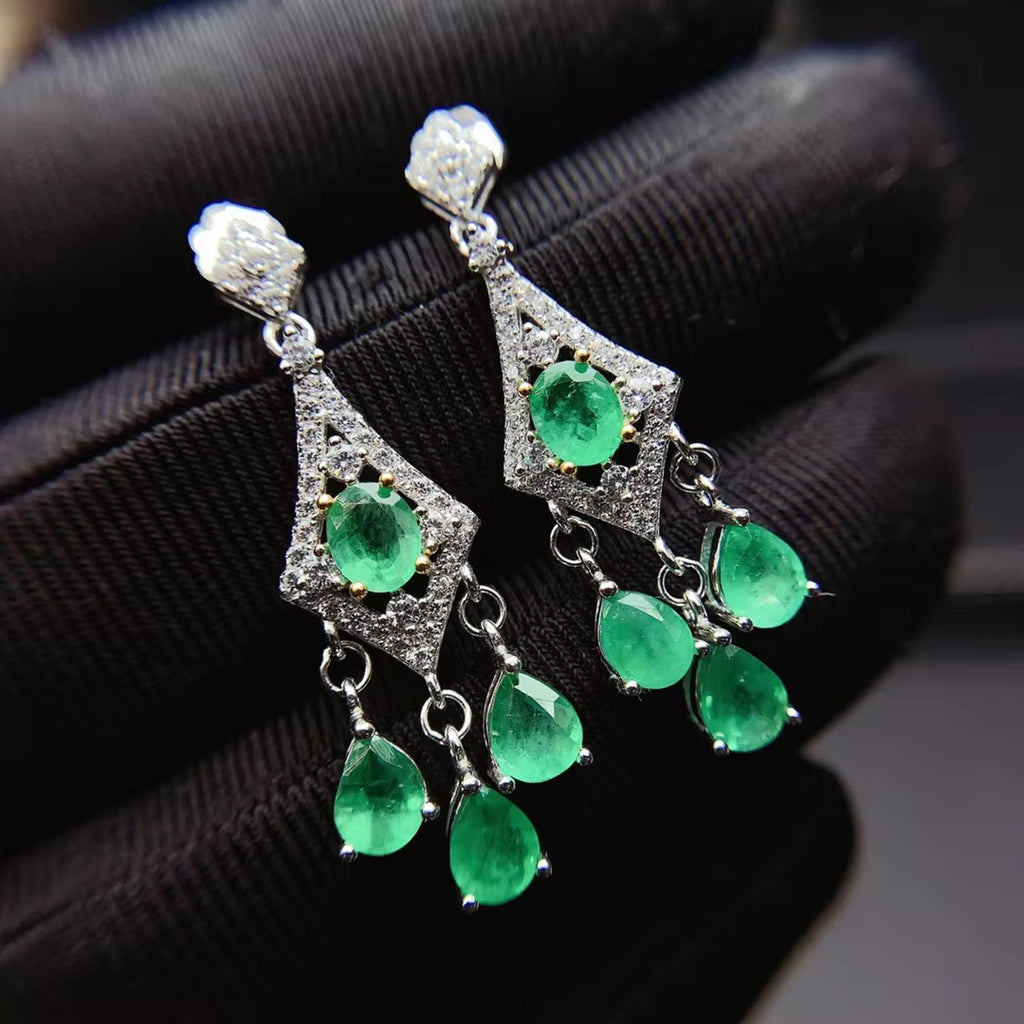 Natural Emerald Dangle Earrings, Women's Emerald Earrings Platinum Plated Silver