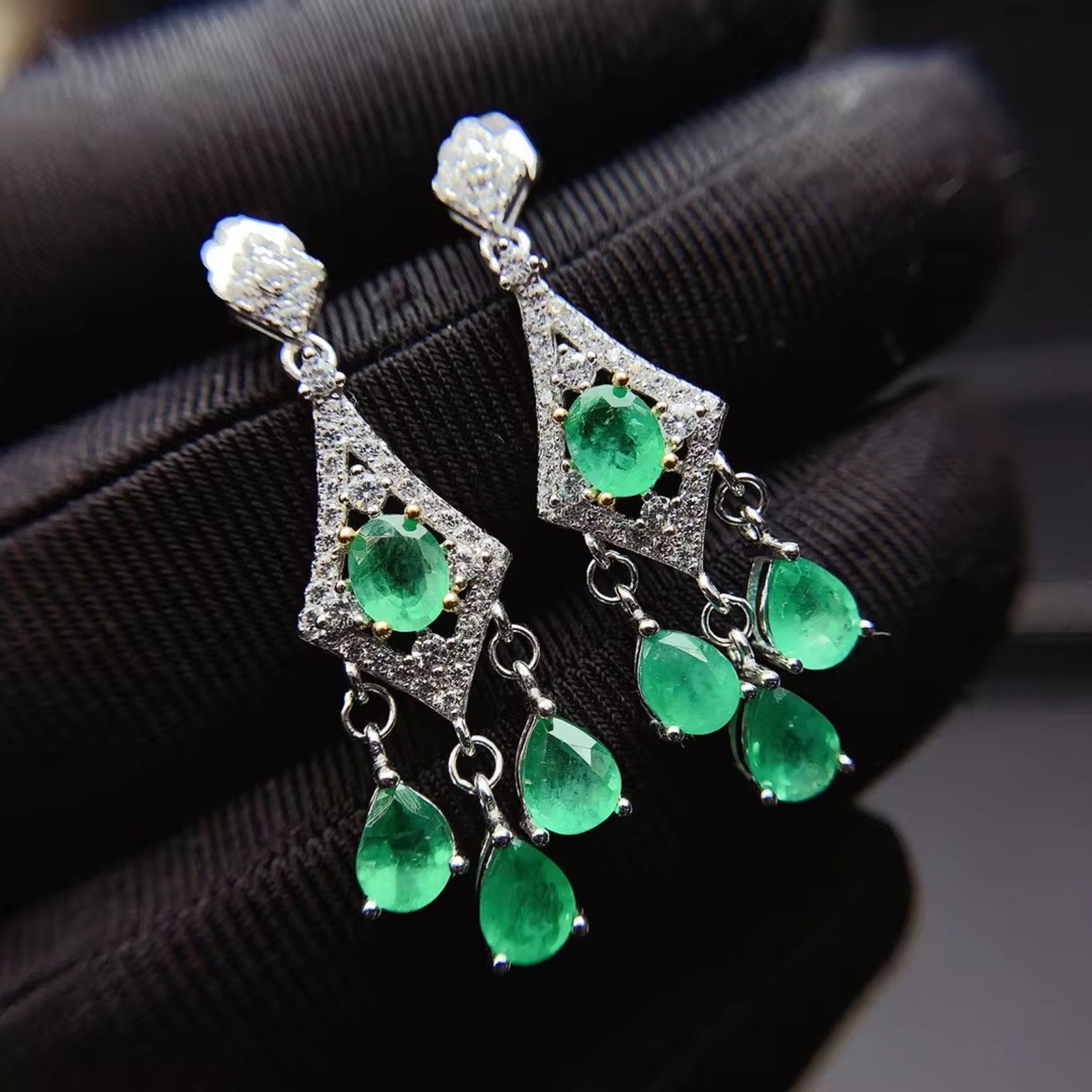 Natural Emerald Dangle Earrings, Women's Emerald Earrings Platinum Plated Silver