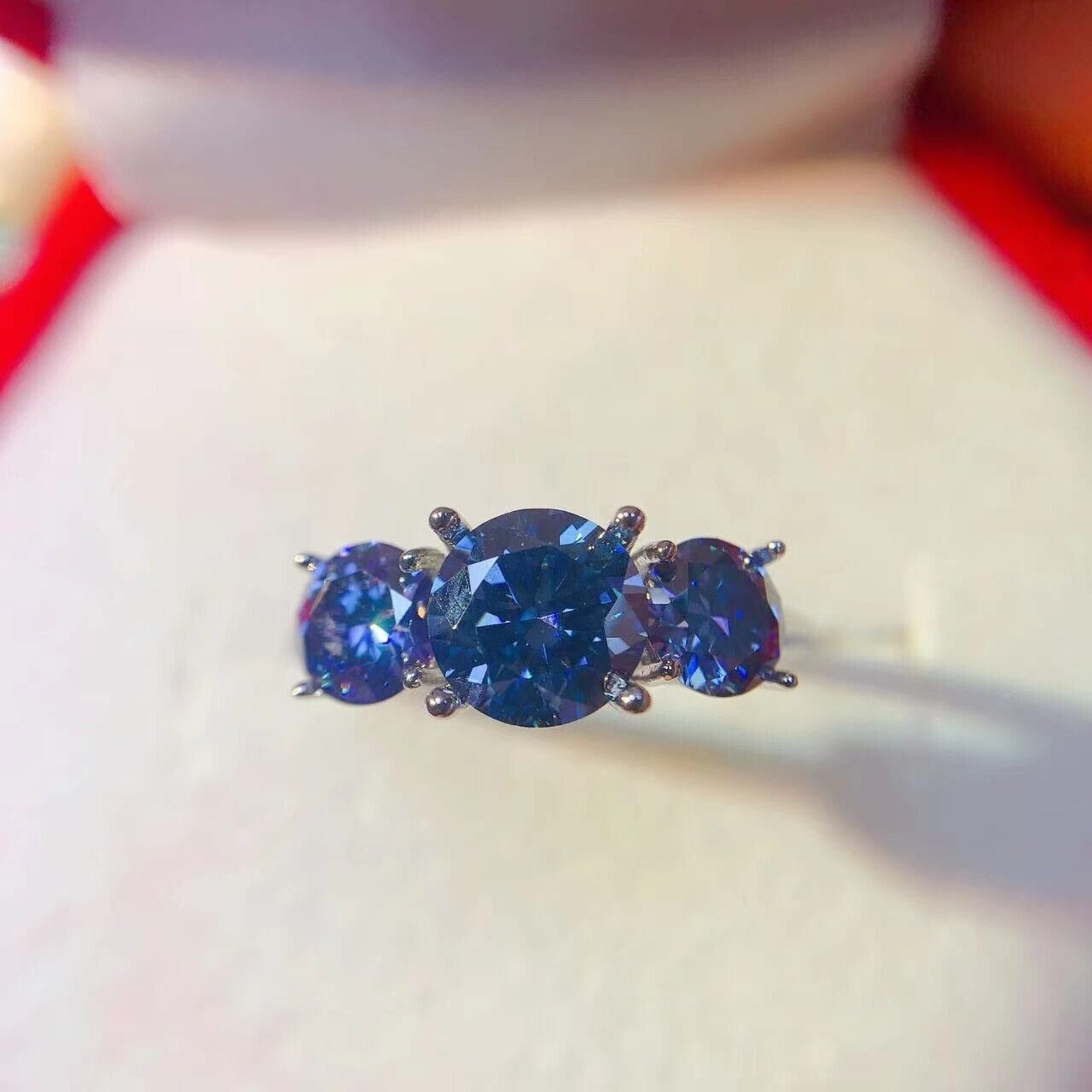 VVS1 Blue Moissanite 3 Stone Ring 925 Sterling Silver