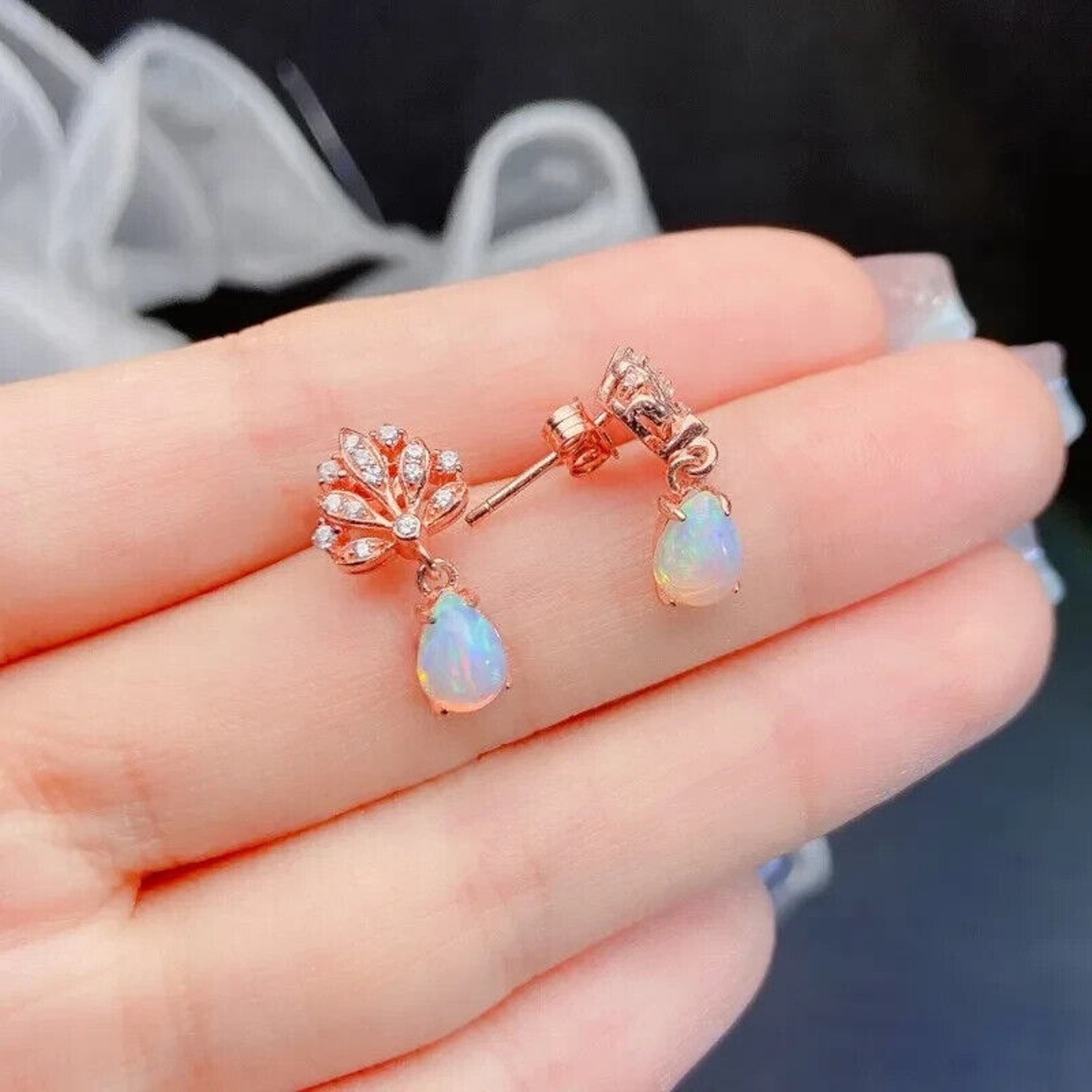 Natural Fire Opal Dangle Earrings, Colorful Opal Dangle Earrings 5x7mm