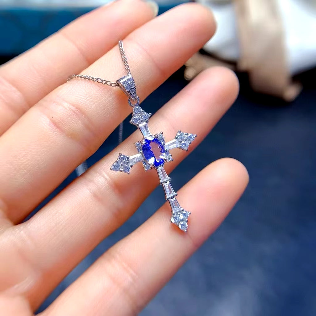 Purple Tanzanite Cross Pendant Necklace, Natural Tanzanite Cross Necklace 5x7mm