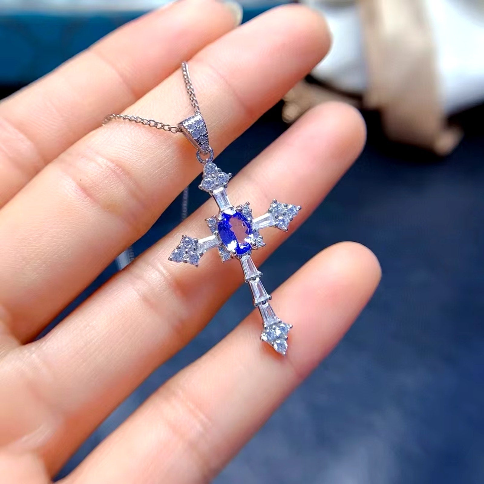 Purple Tanzanite Cross Pendant Necklace, Natural Tanzanite Cross Necklace 5x7mm