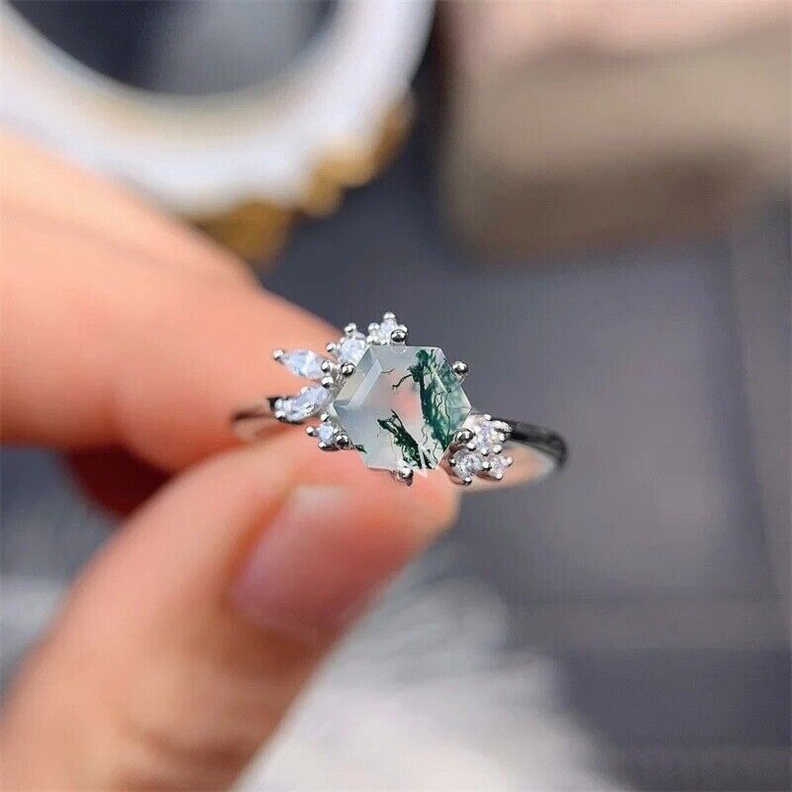 Moss Agate Gemstone Ring 925 Sterling Silver 6mm