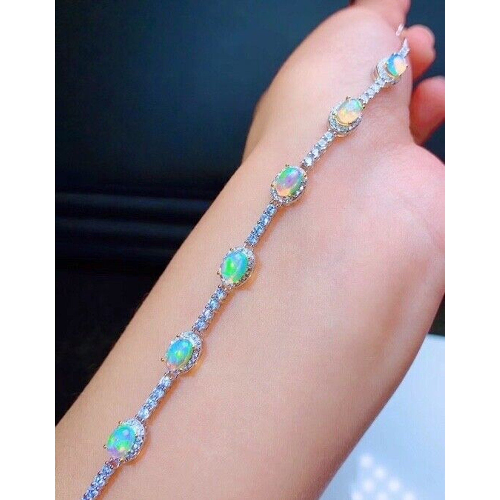 Australian White Opal Tennis Bracelet, White Opal Tennis Bracelet Sterling