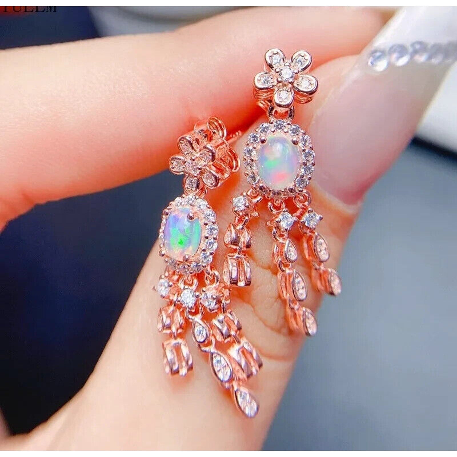 Natural Fire Opal Rose Gold Dangle Earrings, Dainty Opal Dangle Earrings 4x5mm