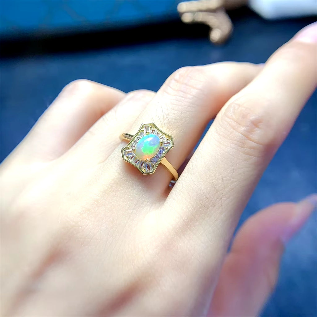 Fire Opal Jewelry Set, Natural Opal Necklace and Ring Set 5x7mm Sterling