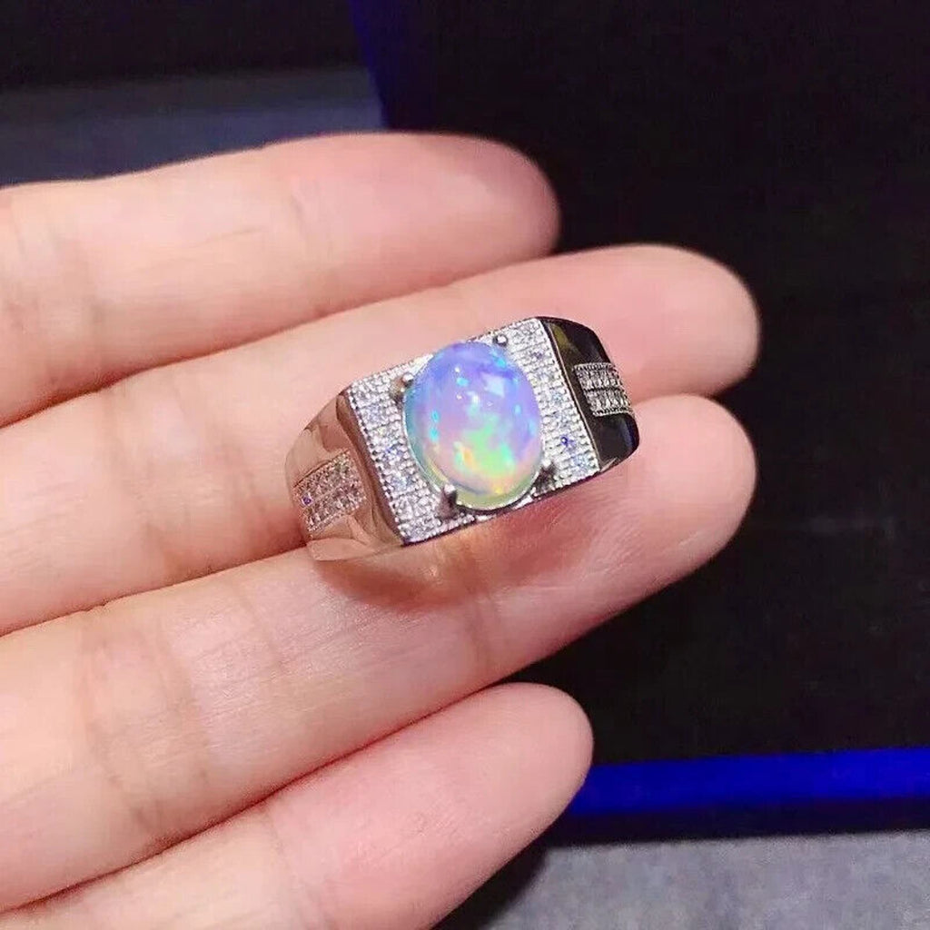 Men's White Fire Opal Cocktail Ring 8x10mm, Men's Natural Opal Ring