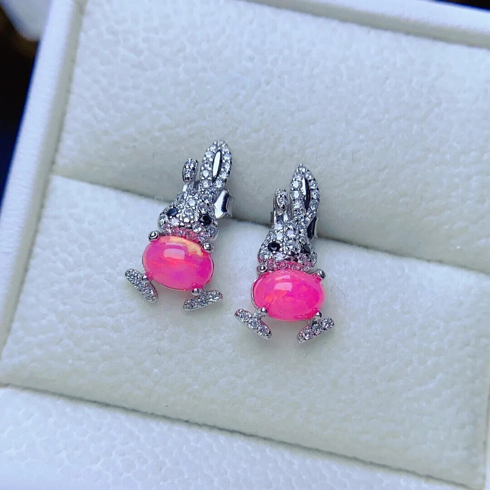 Pink Fire Opal Rabbit Earrings 5x7mm, Natural Pink Opal Earrings Sterling Silver