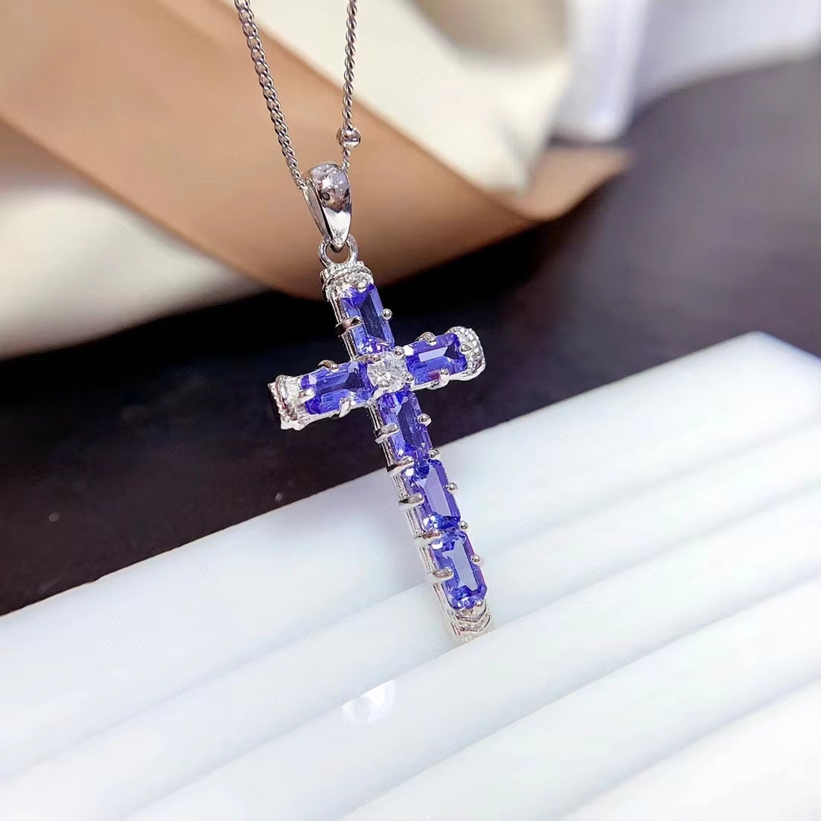 Purple Tanzanite Cross Necklace, Gemstone Cross Necklace 925 Sterling Silver