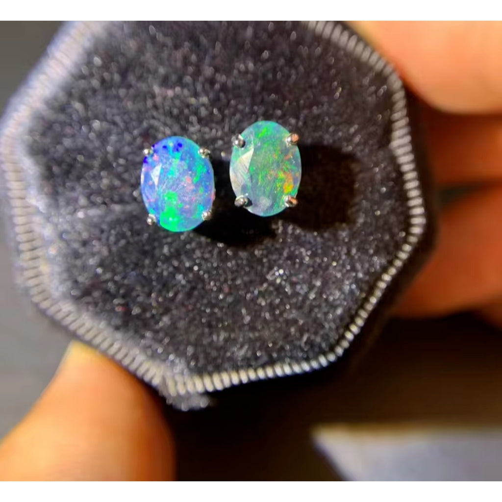 Faceted Black Fire Opal Stud Earrings 7x9mm, Natural Fire Opal Stud Earrings