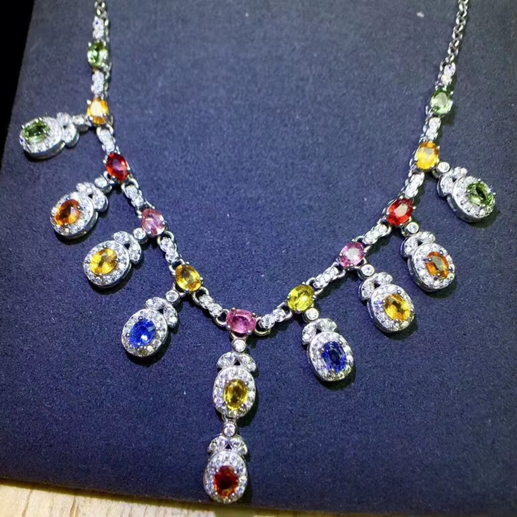 Multicolor Sapphire Gemstone Clavicle Necklace 3x4mm 925 Sterling Silver