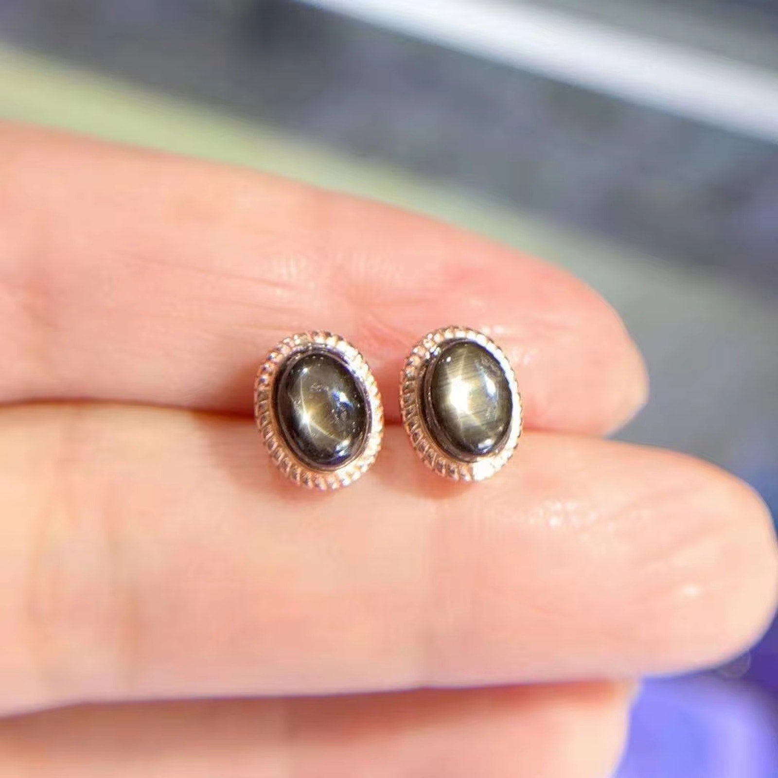 Star Sapphire Earrings, Natural Star Sapphire Stud Earrings 5x7mm Sterling