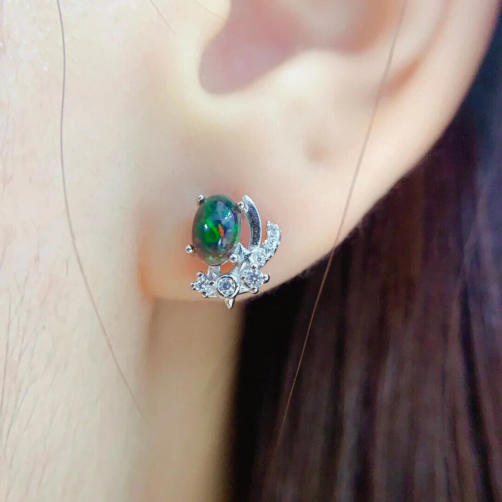 Black Fire Opal Cluster Stud Earrings, Natural Fire Opal Stud Earrings 4x6mm