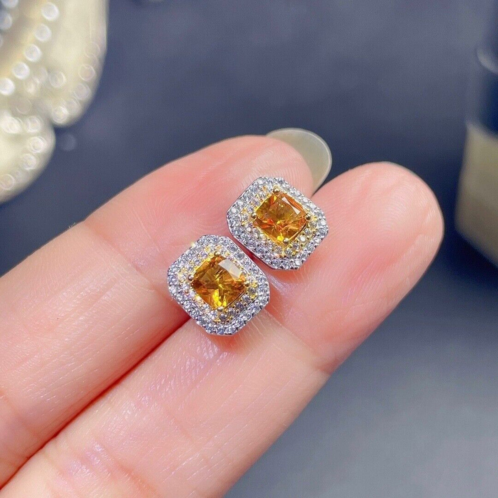4x4mm Square Cut Natural Citrine Gemstone Earrings, Genuine Citrine Earrings
