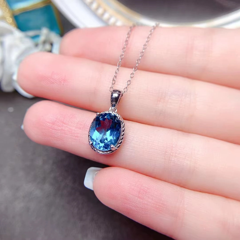 3CT London Blue Topaz Pendant Necklace, 925 Sterling Silver Blue Topaz Necklace