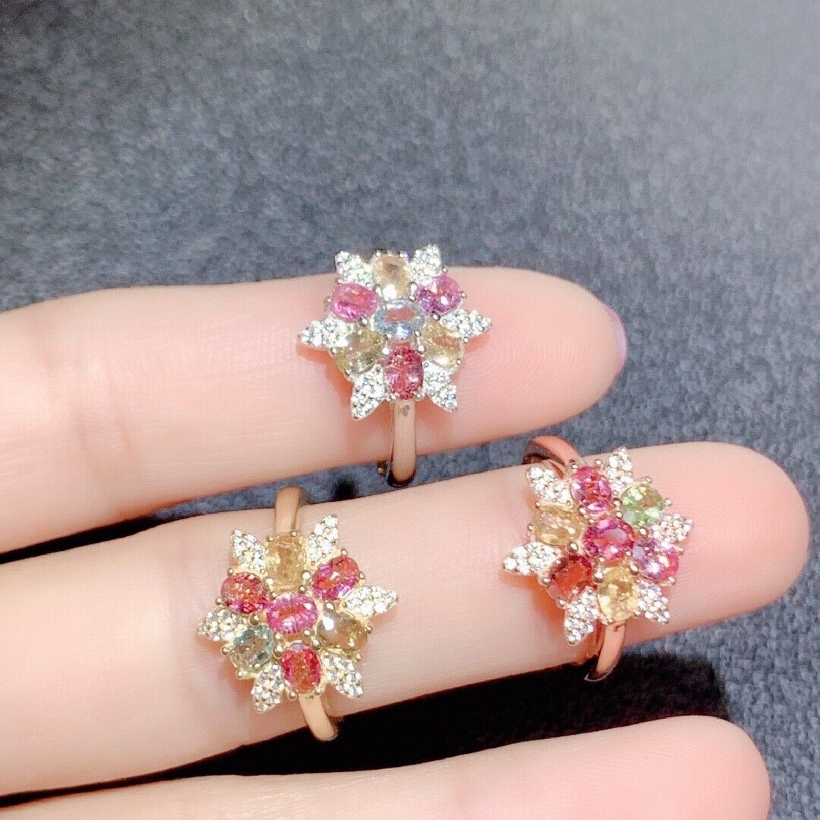 Natural Tourmaline Flower Cluster Ring, Women's Tourmaline Rings Silver