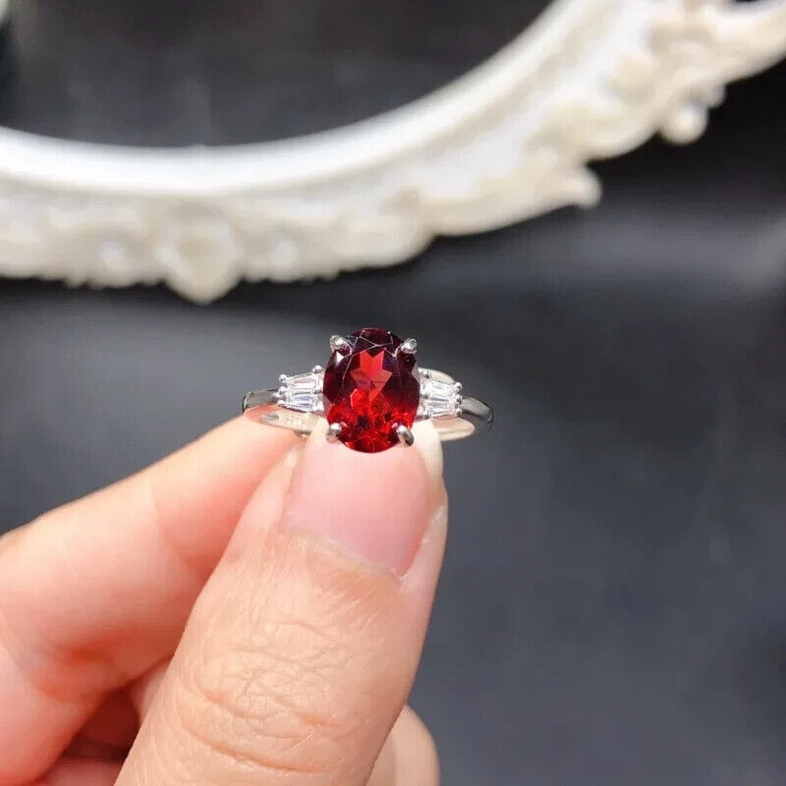 Red Garnet Oval Cut Cocktail Ring 7x9mm Platinum Pated Sterling Silver