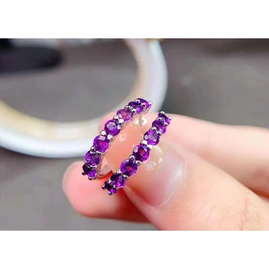 Natural Amethyst Hoop Earrings Platinum Plated 3mm, Amethyst Earrings Silver