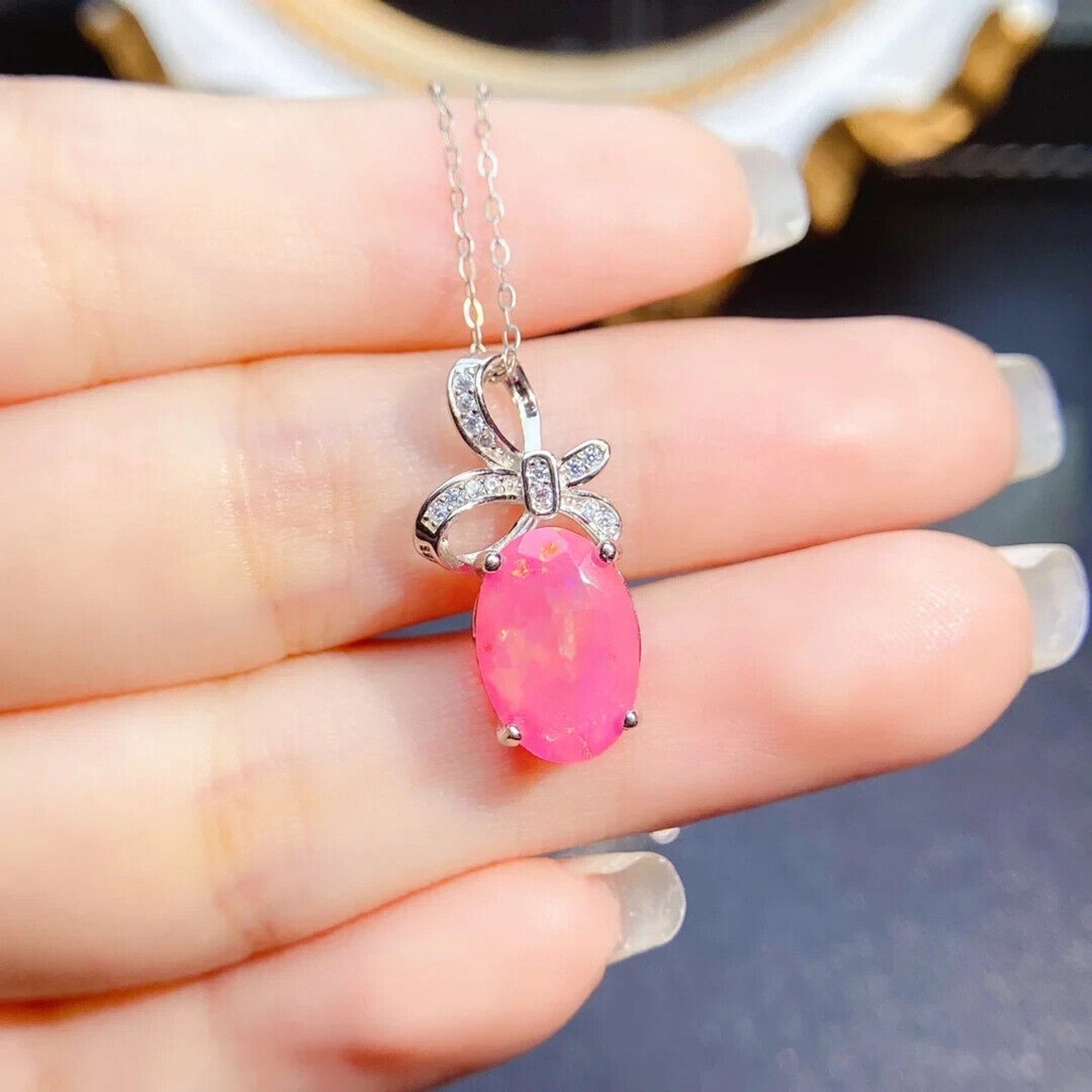 Pink Fire Opal Pendant Necklace 8x12mm, Natural Pink Fire Opal Necklace