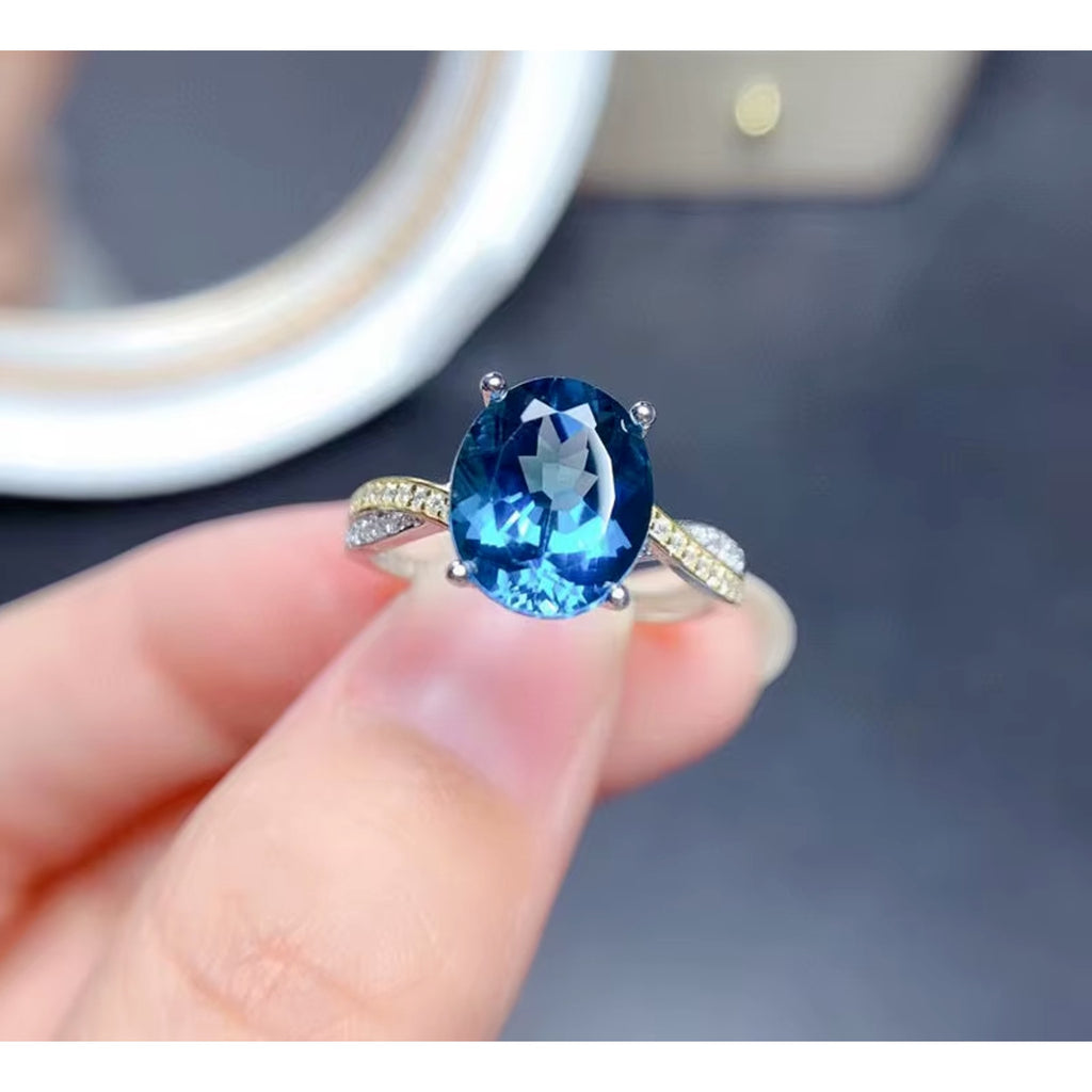 Natural London Blue Topaz Gemstone Ring 8x10mm, London Blue Topaz Ring 925