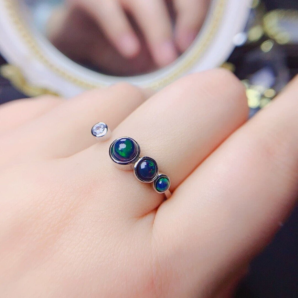 Adjustable Black Opal Stacking Ring, Stackable Opal Ring, Bezel Set Opal Ring